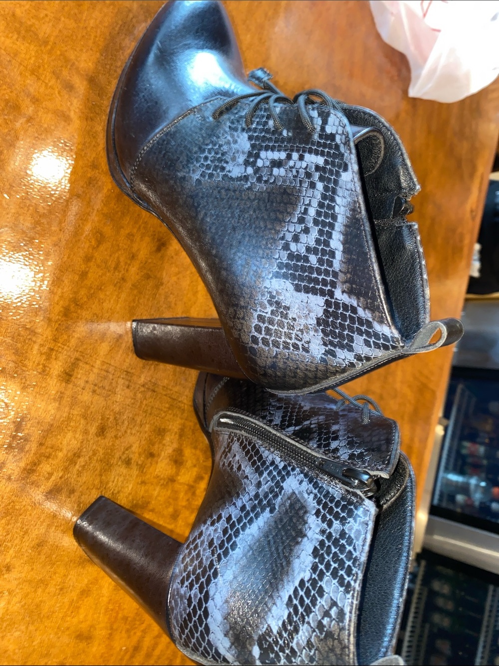 Black Snake-Embossed Lace-Up Platform Ankle Boots